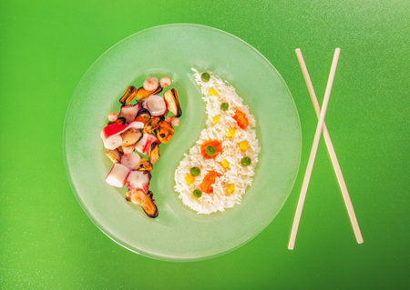 Chinese asian seafood and risotto with side dishの写真素材