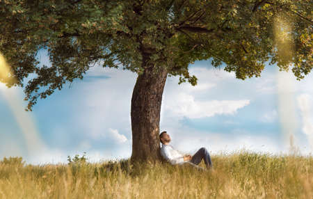Human sitting under tree. Man repose on grass in nature. Outdoors - outside. No stress