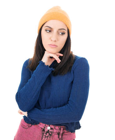 Close up depressed young women, isolated on white background. Depressed lonely girl. Studio shotの写真素材