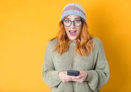 Surprised woman with phone, isolated on yellow background. Trendy girl using smartphone. Unbelievable message. Studio shotの写真素材