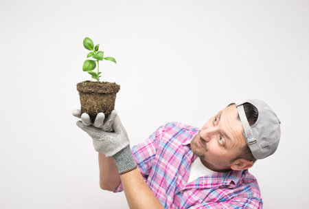 Side view of male gardener holding plant in soil. Plant care concept, isolated on white background. Male farmer. Studio shotの写真素材
