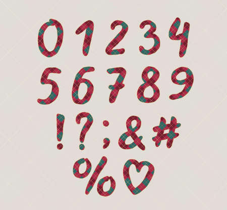 Alphabet plaid design with wool checkered fabric. Hand brush font, lettering style. Numbers and punctuation marks. Font vector illustration.のイラスト素材