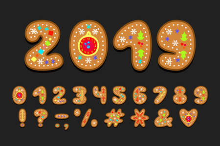 Alphabet cookie design. Numbers and punctuation marks. Decorative font for winter themes. Vector illustration. Layered EPS 10のイラスト素材