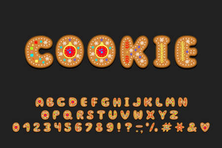 Alphabet cookie design. Letters, numbers and punctuation marks. Decorative font for winter themes. Vector illustration. Multilayered EPS 10のイラスト素材