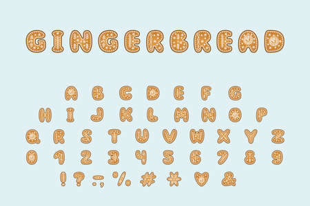 Alphabet gingerbread design. Letters, numbers and punctuation marks. Decorative font for winter themes. Vector illustration. Multilayered EPS 10のイラスト素材