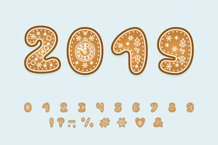 Alphabet gingerbread design. Date 2019 for Christmas themes. Numbers and punctuation marks. Decorative vector font for winter themes.のイラスト素材