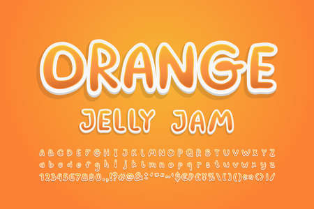 Cartoon Alphabet sweet orange fruit colors. Bright handwritten font, 3d sticker style, uppercase and lowercase letters, numbers. Vector illustration.のイラスト素材