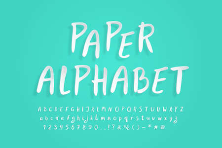 White paper alphabet. Flying 3D vector font, realistic paper cut out style. Uppercase and lowercase letters, numbers, punctuation marks and symbolsのイラスト素材
