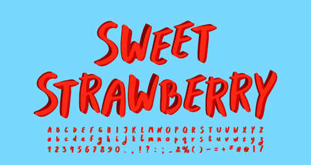 Modern bright alphabet paintbrush font. Uppercase and lowercase letters, numbers. Original label for red berries and fruits, blue background. Vector illustrationのイラスト素材