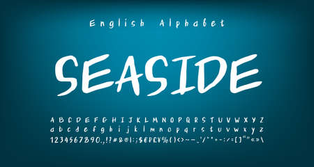 White handwritten font Alphabet. Uppercase and lowercase letters, numbers, signs, currency symbols. Original lettering script typeface. Vector illustrationのイラスト素材