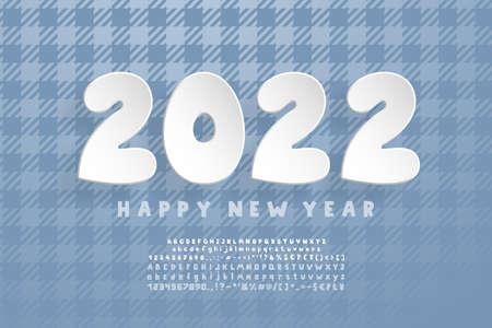 Original flyer Happy New Year. 3D Paper numbers and gray cartoon letters on plaid pattern background. Creative fonts setsのイラスト素材