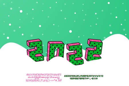 Winter banner Happy New Year. Cartoon green-pink numbers retro style in a snowdrift. Two sets of decorative fonts are includedのイラスト素材