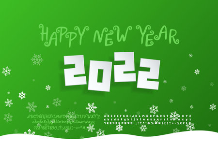 Creative greeting card Happy New Year. Square shape calendar date, paper cutout style, and green curly letters on green background. Two vector sets of decorative fonts are includedのイラスト素材