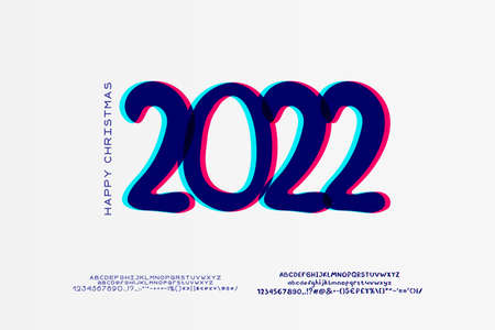 Minimalistic modern banner for website Happy New Year. Glitch style calendar date on white background. Two vector fonts sets are included.のイラスト素材