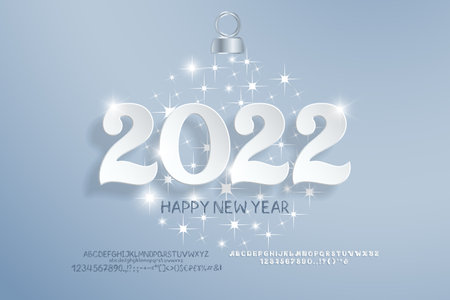 Holiday poster Happy New Year. Ornate numbers paper cut style on gray gradient background with sparkling stars ball shape. Two vector fonts sets are included.のイラスト素材