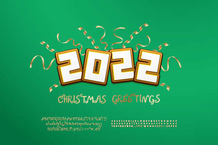Trendy poster Merry Christmas with cartoon calendar date, golden serpentine and curly font on green...