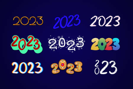 Bright 2023 numbers set on navy blue background, icons template for New Year s design.のイラスト素材