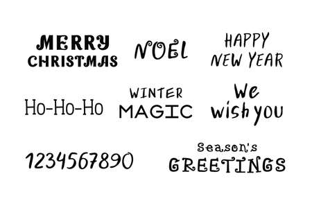 Merry Christmas and New Year text set, greetings, wishes and inspirational phrases template, hand drawn lettering black on white.のイラスト素材