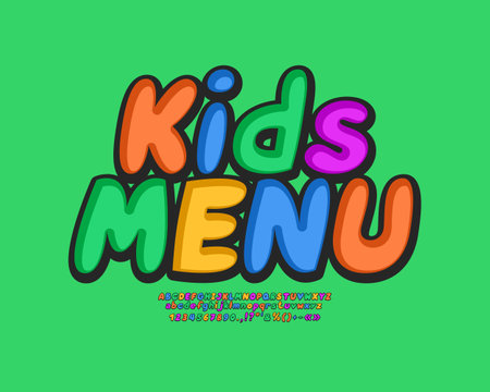 Colorful flyer Kids Menu. Cartoon multicolor font set with alphabet letters and numbersのイラスト素材