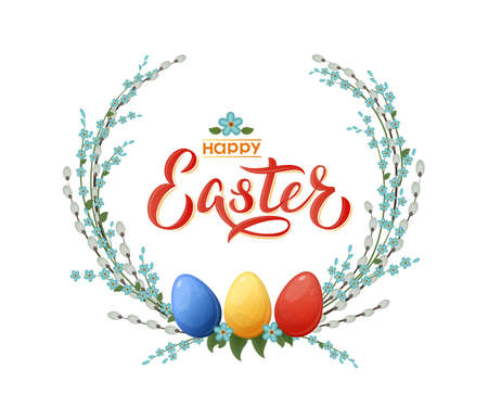 Happy Easter hand lettering text with floral wreath. Happy Easter sign in tender colors with...