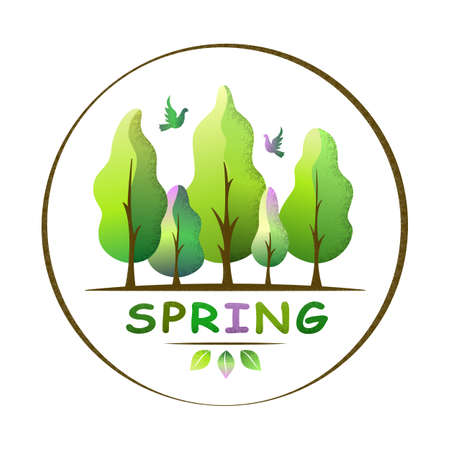 Spring forest landscape in a circle. Spring tones trees and birds. Environment and ecology concept. For social media, web pages, bammer, poster, education materials. Flat isolated vector illustration.のイラスト素材