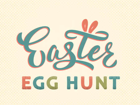 Easter egg hunt text hand lettering in vintage style. Easter sign with bunny ears. For Easter egg hunt logotype, badge, postcard, card, invitation, poster, banner, email.  Vector season greeting.のイラスト素材
