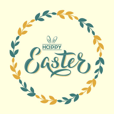 Happy Easter hand lettering text with floral wreath. Happy Easter sign with bunny ears in branch round frame. For Easter logotype, badge, postcard, invitation, poster, banner. Vector seasonal greetingのイラスト素材