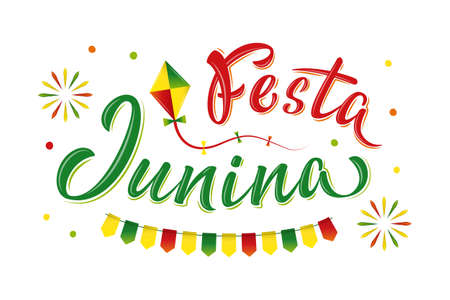 Festa Junina lettering text June party in Brazilian. Brazil traditional harvest festival. Folklore village carnival. Festival fire, kite and garland. Vector illustration for poster, banner, flyerのイラスト素材