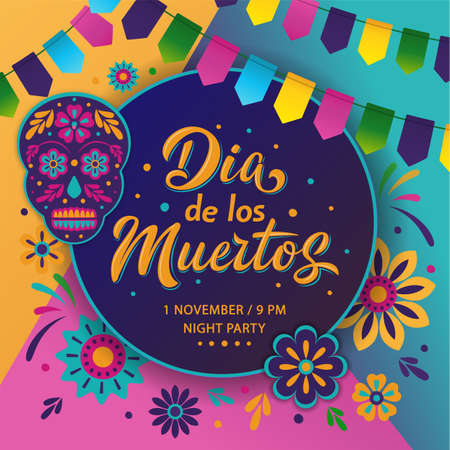 Dia de Los Muertos poster design. Mexican Day of the Dead inscription on dark background. Vector colorful template with festival fire, decorated skull, flowers, lettering sign and garland.のイラスト素材