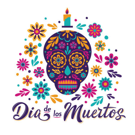 Dia de Los Muertos card with decorated skull, flowers and lettering sign. Mexican Day of the Dead inscription isolated on white. Vector illustration for greeting cards, poster, party flyer, invitationのイラスト素材