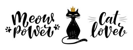 Meow power and cat lover handwritten sign with princess cat. Brush lettering. Cute slogan about cat.  Phrase for poster design, postcard, t-shirt print or mug print. Vector isolated illustrationのイラスト素材