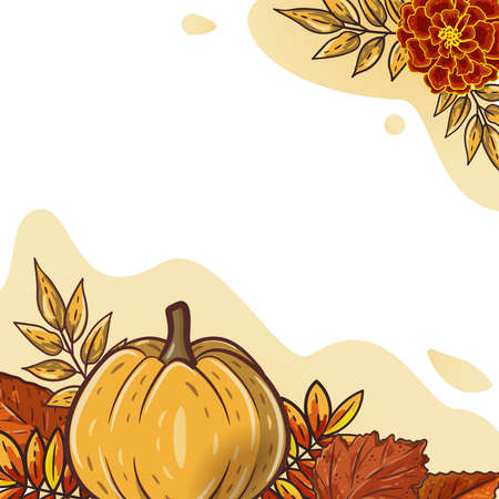 Autumn leaves and pumpkins for postcard, banner, poster. Seasonal rowan and oak leaves with gourds for thanksgiving day, harvest decoration, halloween. Fall season elements. Vector design. Autumn moodのイラスト素材