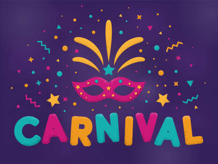 Carnival purple, blue and yellow text with masquerade mask and firework. Popular Event in Brazil....