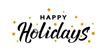 Happy Holidays black hand lettering template. Celebration text with golden stars. For winter holiday design, postcard, invitation, banner, poster.  Modern calligraphy. Vector illustration EPS10.のイラスト素材