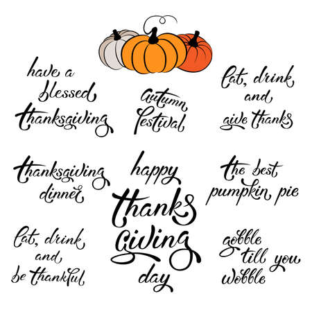 Vector Thanksgiving greeting set with signs and pumpkins for invitations, postcard, greeting cards, banner, tags. Handwritten lettering set. EPS 8のイラスト素材