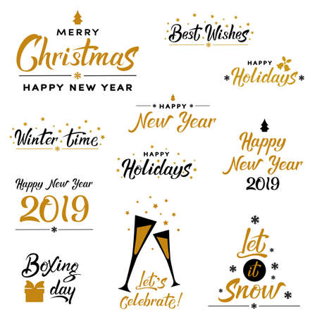 Merry Christmas and Happy New Year typography set. Holiday hand lettering templates for greeting cards, banners, gifts, decoration. Happy holidays, let it snow and other quotes. Vector illustrationのイラスト素材