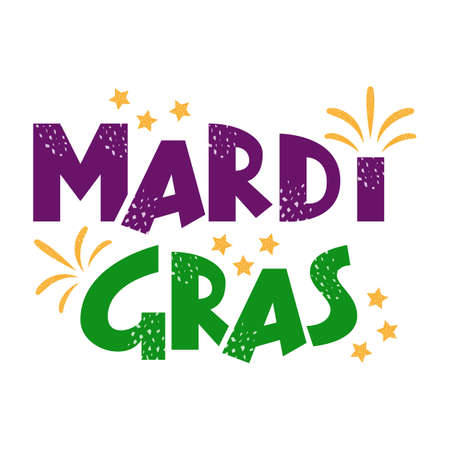 Mardi Gras purple and green text with stars and fireworks. American New Orleans Fat Tuesday poster, greeting card. Sidney Mardi Gras parade. Masquerade carnival lettering. Vector illustration.のイラスト素材
