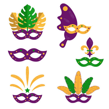 Set of Mardi Gras masquerade masks with plumage, monstera leaves, fireworks. American New Orleans Fat Tuesday poster, greeting card. Sidney Mardi Gras parade. Carnival lettering. Vector illustration.のイラスト素材