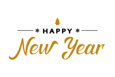 Happy New Year gold and black hand drawn lettering. Celebration text for winter holiday design, postcard, poster, invitation, banner and sticker. Holiday quotation in calligraphy. Vector illustration.のイラスト素材