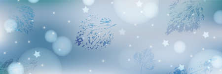 Light blue winter background with blue frozen leaves, lights and stars. Abstract background in light blue and white colors for banner, poster, card, e-mail. Suitable for Christmas, New Year. EPS 10のイラスト素材