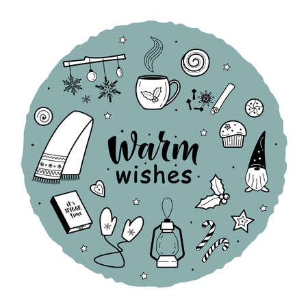 Warm wishes. Big set of hygge and christmas elements. Circle design. For greeting cards, posters, interior design, stickers and seasonal design. Winter Holiday vectorのイラスト素材