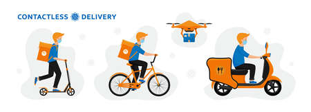 Online delivery service concept. Contactless home / office food delivery during quarantine. Delivery man in respiratory mask. Scooter, bicycle and drone couriers. Vector illustration.のイラスト素材