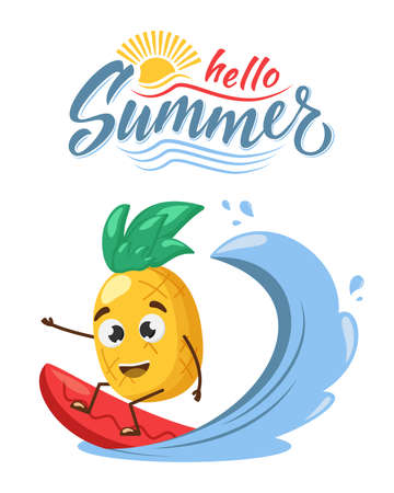 Surfing pineapple character. Hello summer. Pineapple on surfboard. Vacation concept. Tropical hawaii lifestyle. Pineapple juice, tropical fruit, summer resort. Kid poster and summer t-shirt design.のイラスト素材