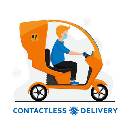 Contactless delivery by trike during coronavirus outbreak. Courier in a medical mask on tricycle delivering food. Fast and free delivery concept in flat design. Self isolation lifestyle. Covid-19.のイラスト素材