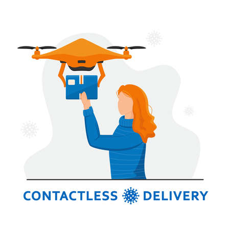 Contactless home delivery. Drone delivery concept. Red-haired girl holds out her hands to a quadrocopter. Remote air drone with a box. Non-contact express delivery during coronavirus pandemic.のイラスト素材
