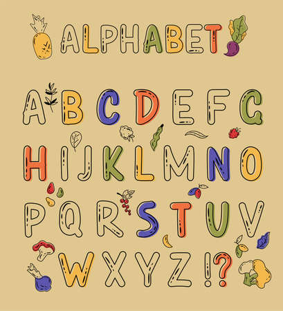 Vector abstract hand drawn alphabet. Colorful vegetable alphabets for advertisement, promotion. For cafe and restaurant menu. Isolated vector illustration.のイラスト素材