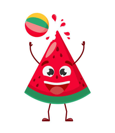 Cute cartoon juicy watermelon fruit character playing with beach ball. Popular summer activities. Kid poster and summer t-shirt design. Isolated vector illustrations. Hello summer.のイラスト素材