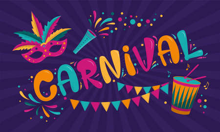 Carnival poster design with dark purple background. Rio Carnival colorful inscription with mask, garland and drum. Vector template with Colorful Party Elements. Brazilian Rhythm, Dance and Music.のイラスト素材