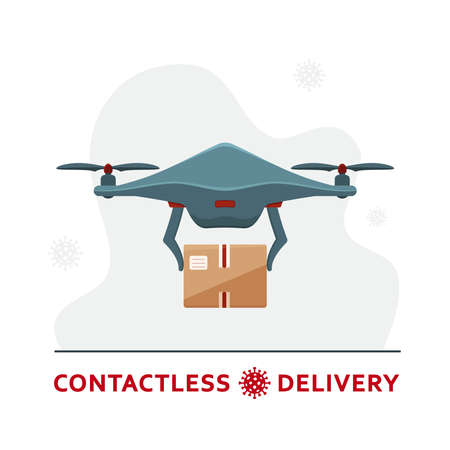 Drone delivery concept. Contactless delivery during coronavirus pandemic. Remote air drone with a box. Non-contact express delivery service. Self isolation lifestyle. Online shopping during quarantineのイラスト素材
