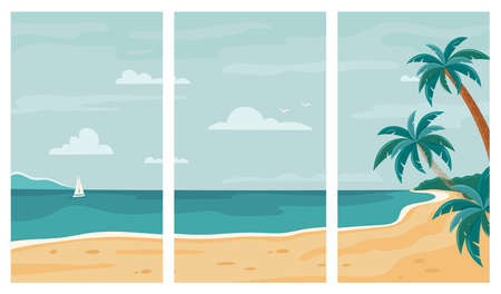 Vector set of summer beach background with copy space for text. For banners, posters, cover design templates, social media stories wallpapers. Tropical seashore with palm trees and yacht.のイラスト素材